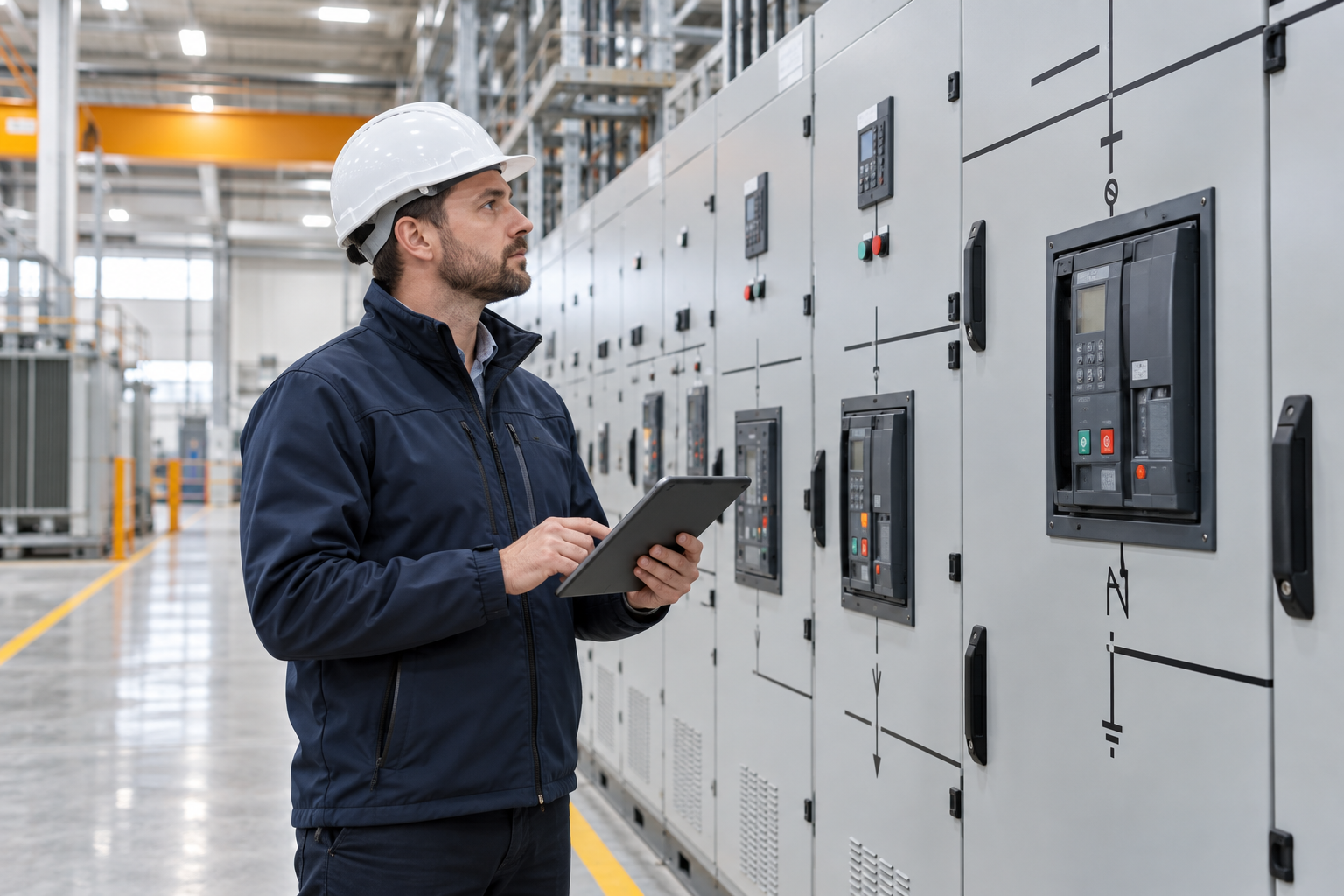 Ilustracja: kierownik robót elektrycznych przy rozdzielnicy przemysłowej